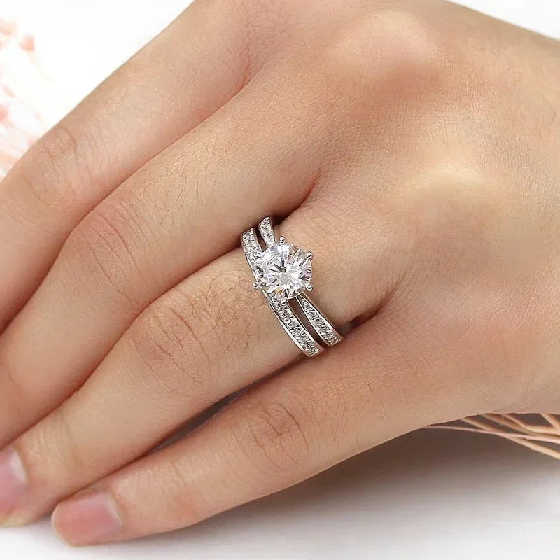 Huitan 6-Claw Cubic Zirconia Wedding Ring Set for Women 2 Pcs