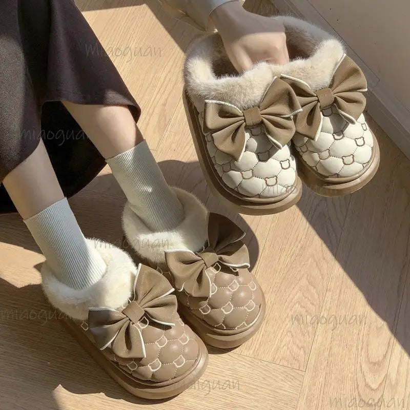 Women's Fluffy Platform Slipper Boots – Bowknot Winter Booties