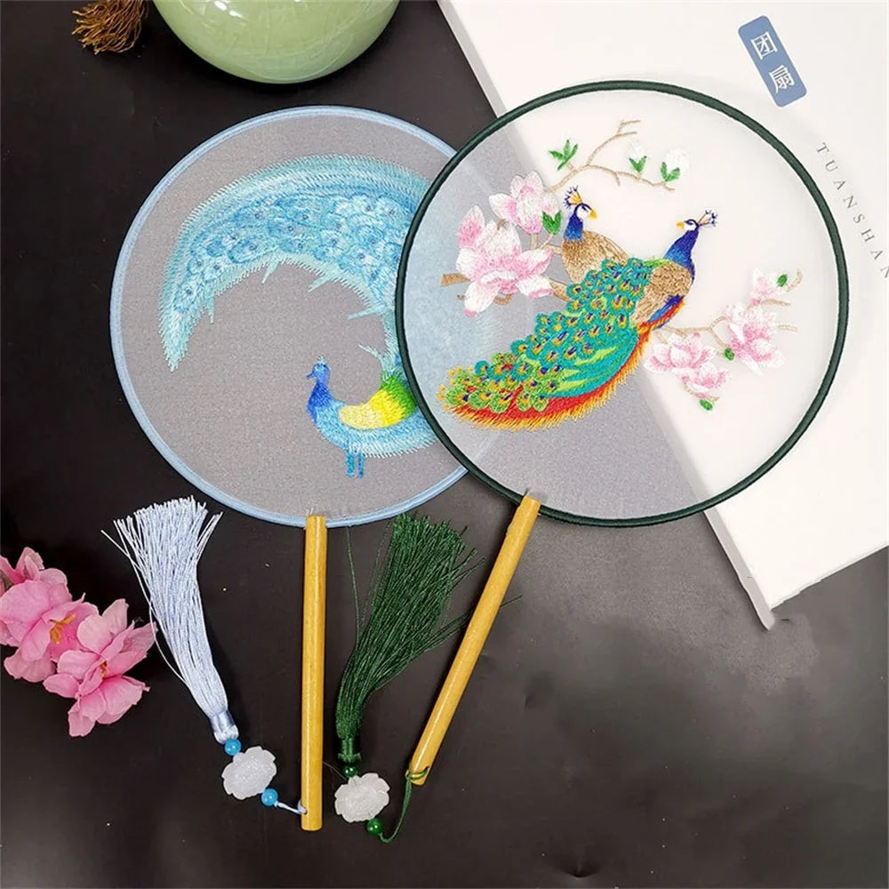 Round Double Sided Embroidery Fan Chinese Wooden Handle Pendant