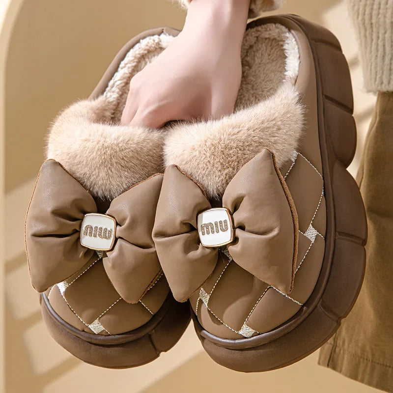 Women's Plush Faux Fur Bow Slippers – Warm Indoor Slides