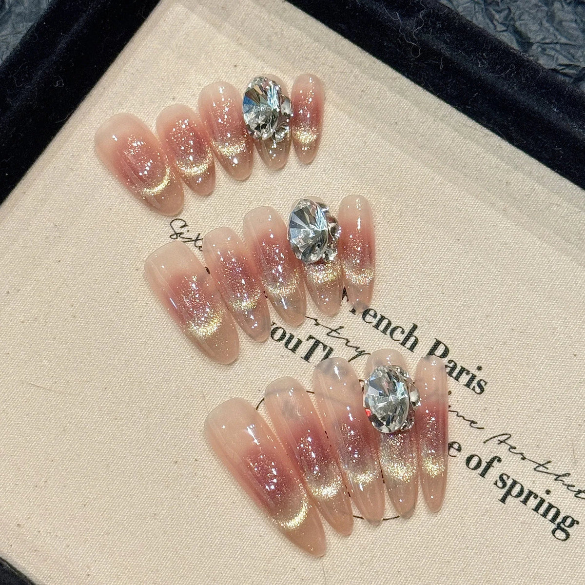 Handmade Press-On Nails | French Cat Eye Diamond Almond Glitter