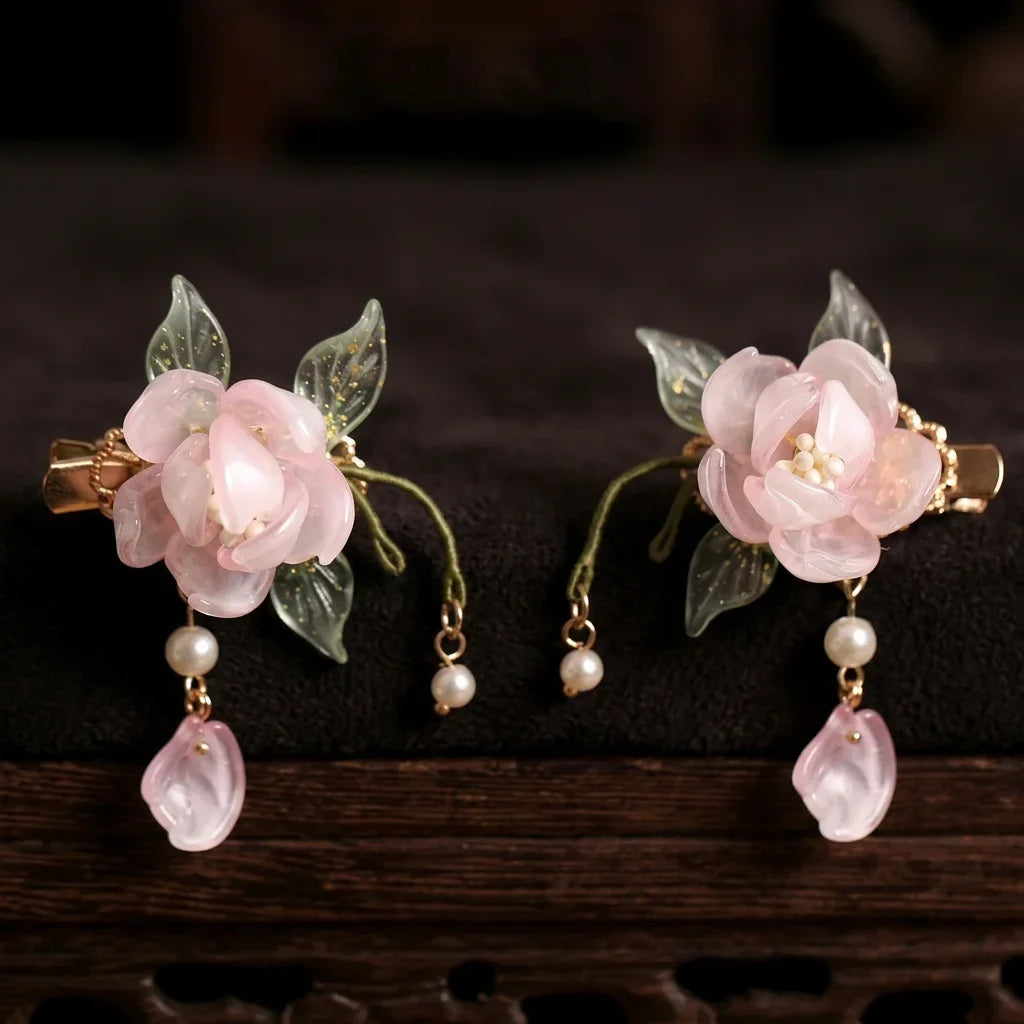 Vintage Pink Glass Flower Hair Clips for Girls – Set of 2