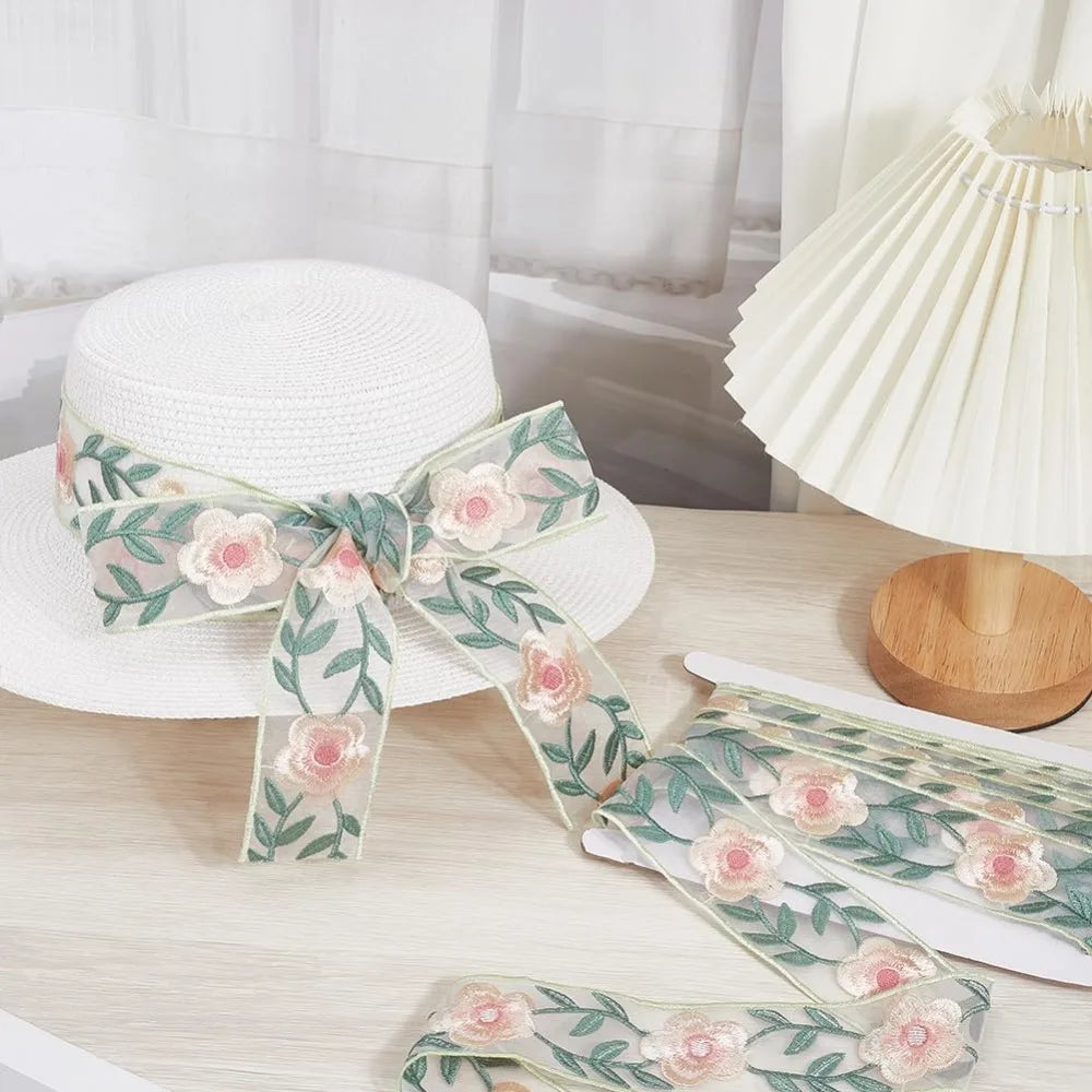 White Organza Embroidery Flower Trim Ribbon 5 Yards 49mm