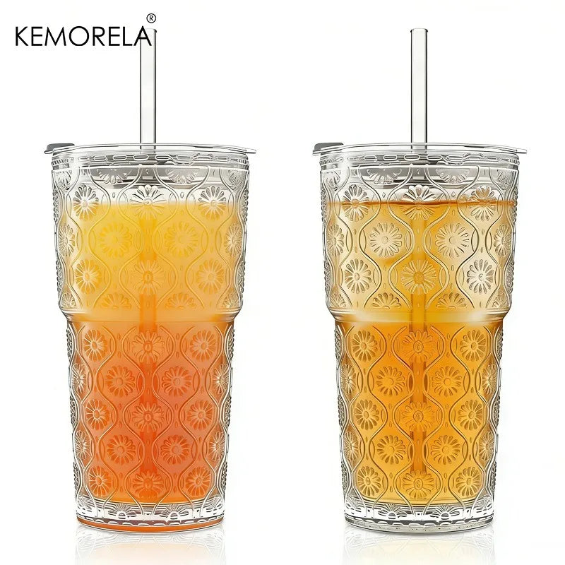 KEMORELA 600ml Begonia Glass Tumbler with Lid & Straw | 1-2 PCS