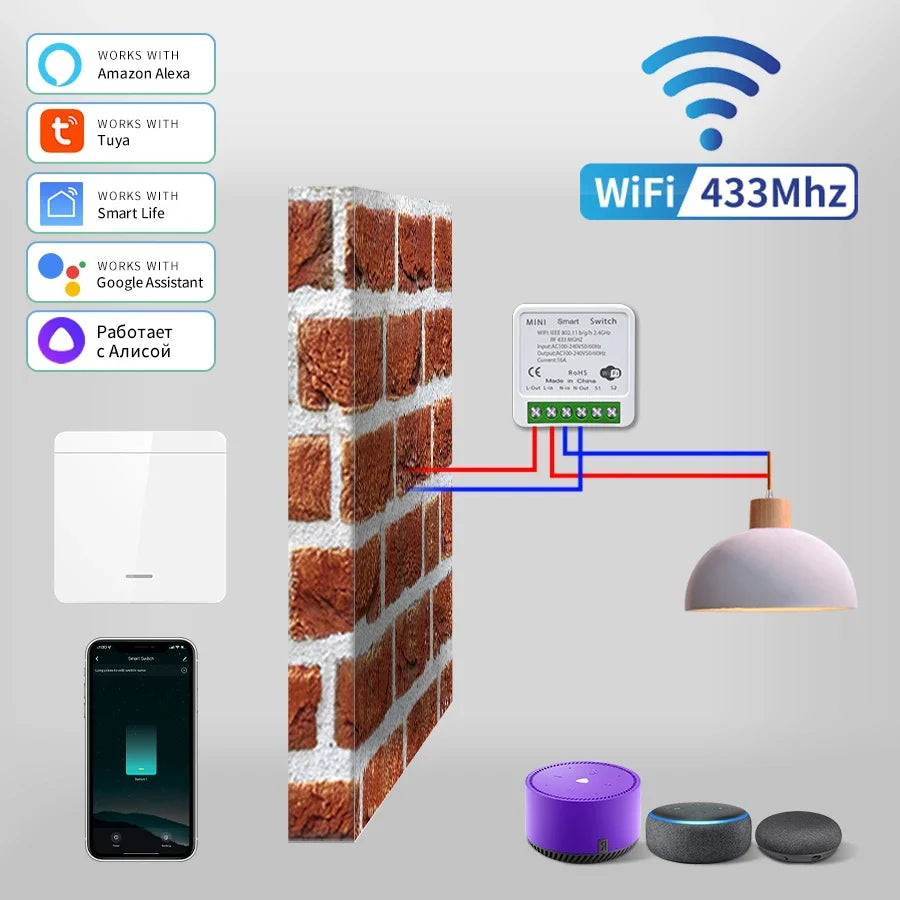 Tuya WiFi 433MHz Smart Wall Switch 1/2/3 Gang – Alexa & Google