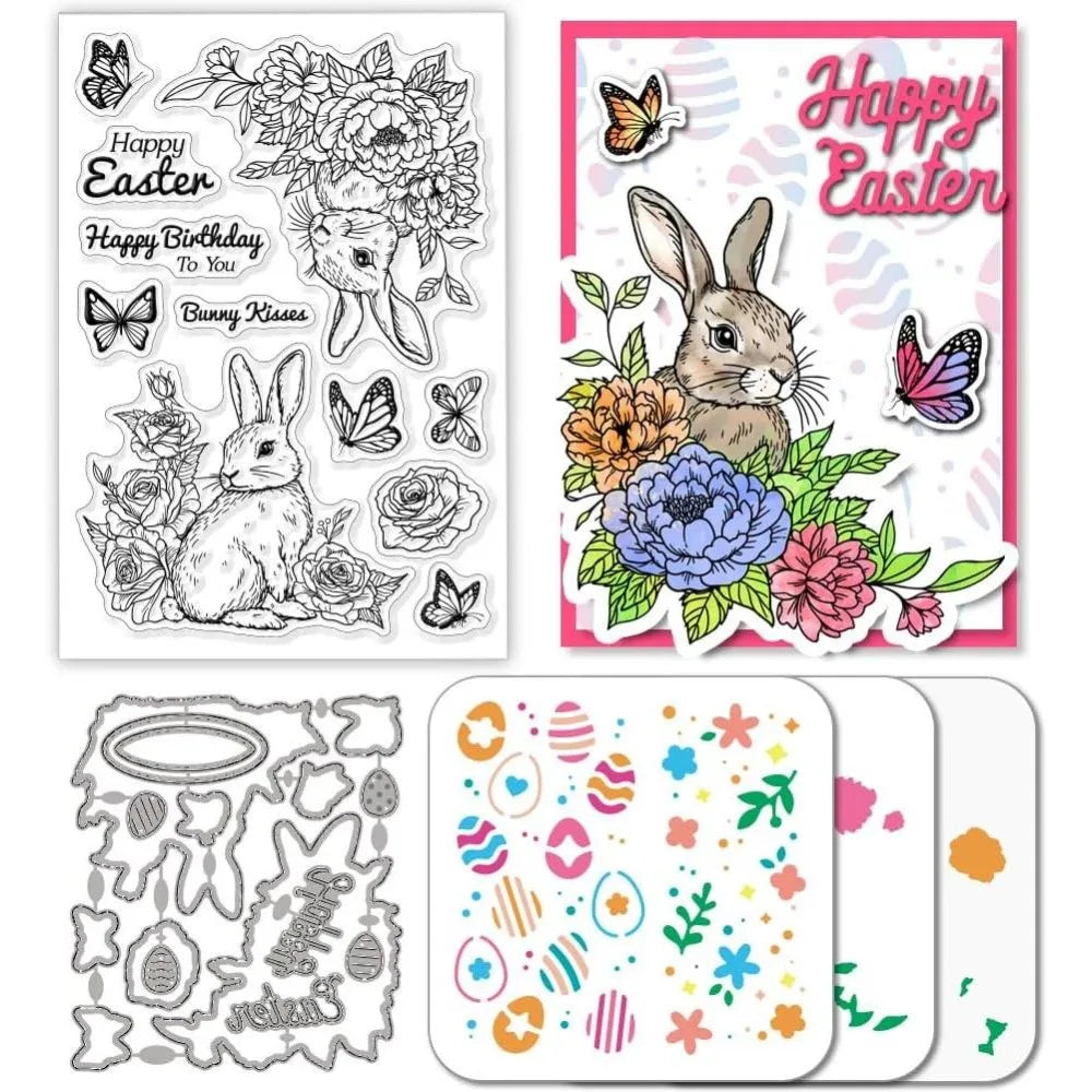 Easter Rabbit Clear Stamps Cutting Dies & PET Stencils Set