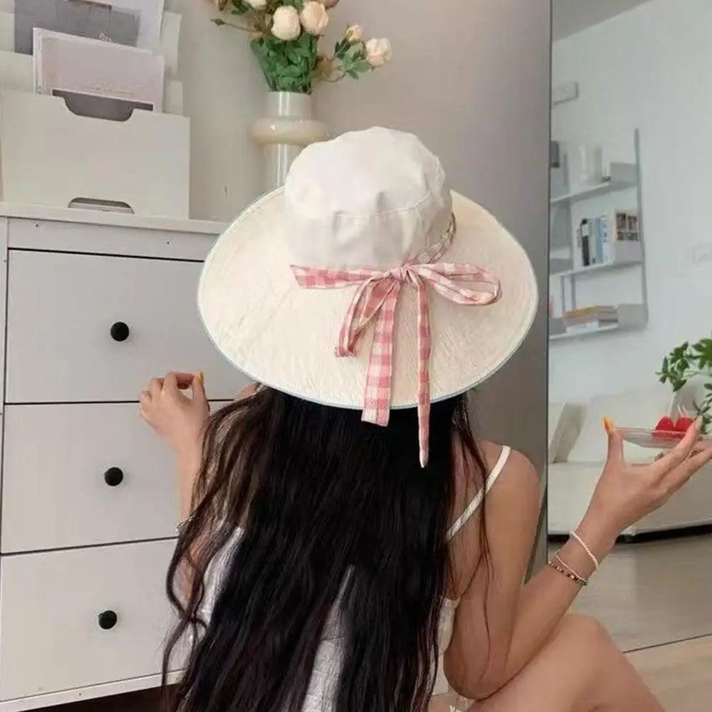 Women Summer UV Protection Wide Brim Sun Hats Chin Strap Cute Pastel