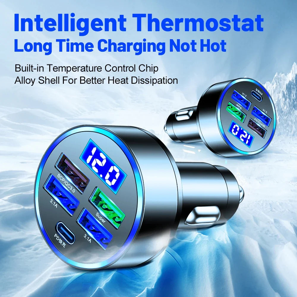 5-Port 250W PD QC3.0 USB Car Charger with LED Display