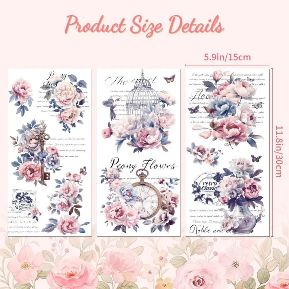 Vintage Peonies Rub-On Transfer Decals 6×12" – 3 Pack