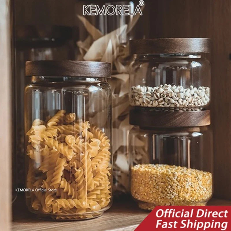 KEMORELA Glass Airtight Canister with Wood Lid | Kitchen Storage