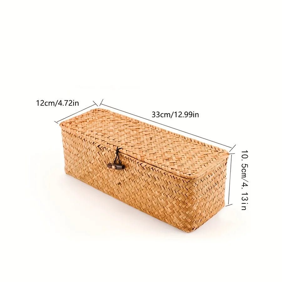 Partitioned Storage Box Handcrafted Woven Basket Rectangular Vintage