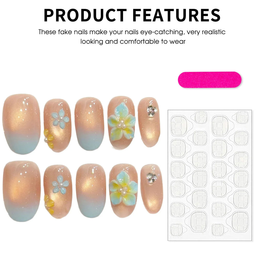 Handmade Press On Nails | 3D Blue Flower Short Oval False Nails
