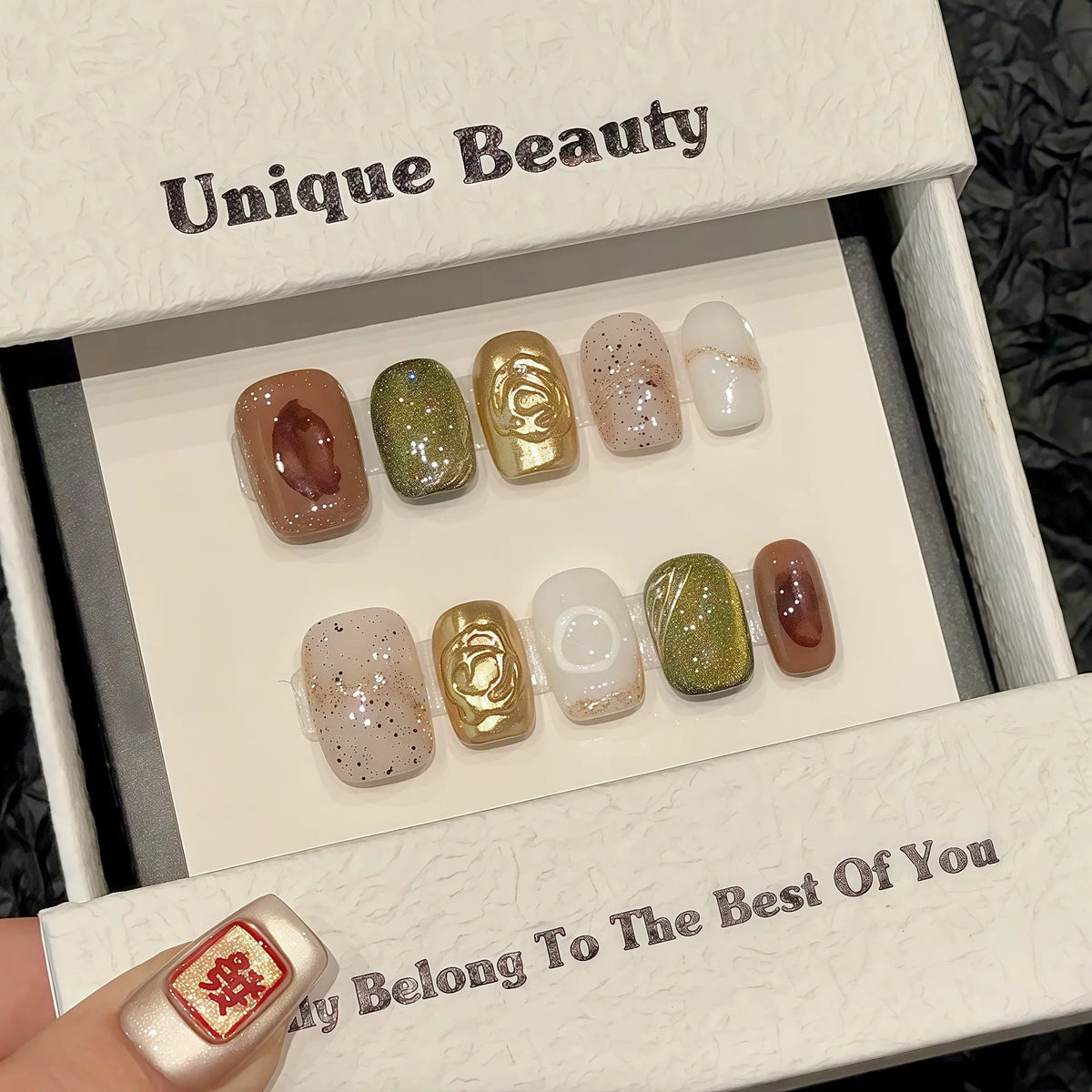 3D Gold Snake Press-On Nails | Cat Eye Short False Nail Tips