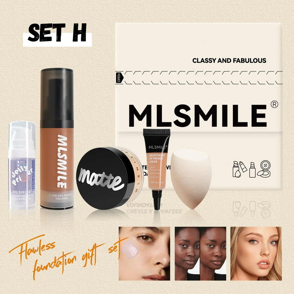 MLSMILE Makeup Set – Primer, Foundation, Concealer & Powder