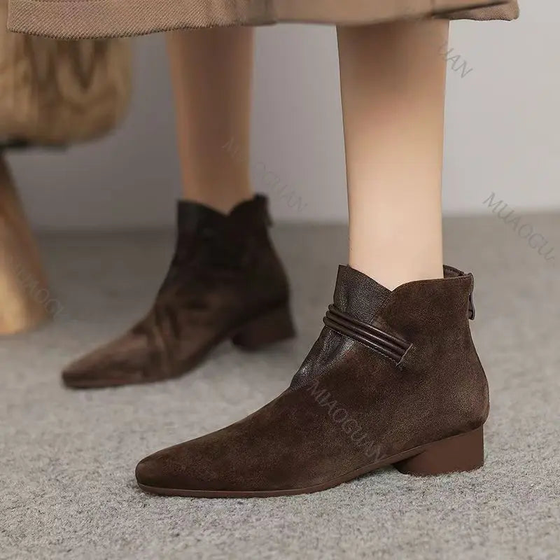 Women's Suede Ankle Boots | Pointed Toe Double Buckle Side Zip