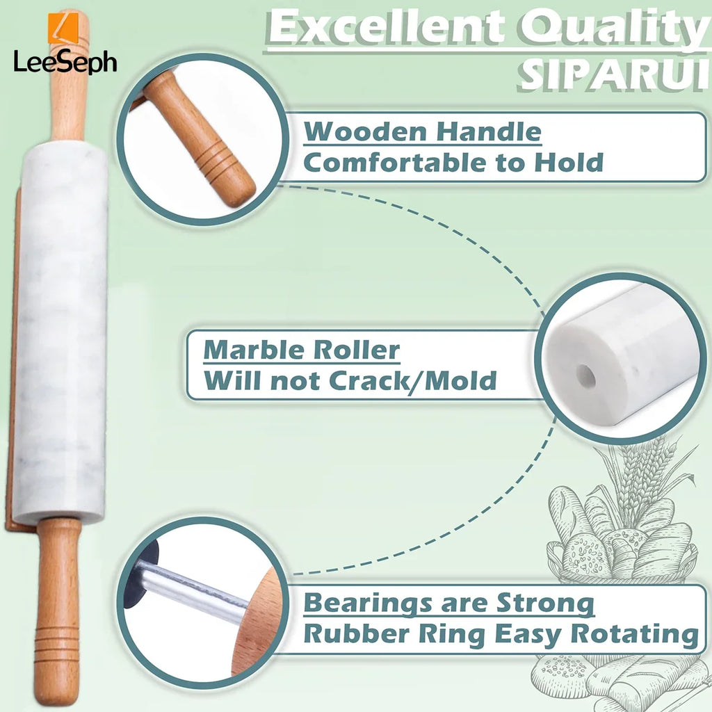 Leeseph Premium Marble Rolling Pin Wooden Handles Base Easy Clean