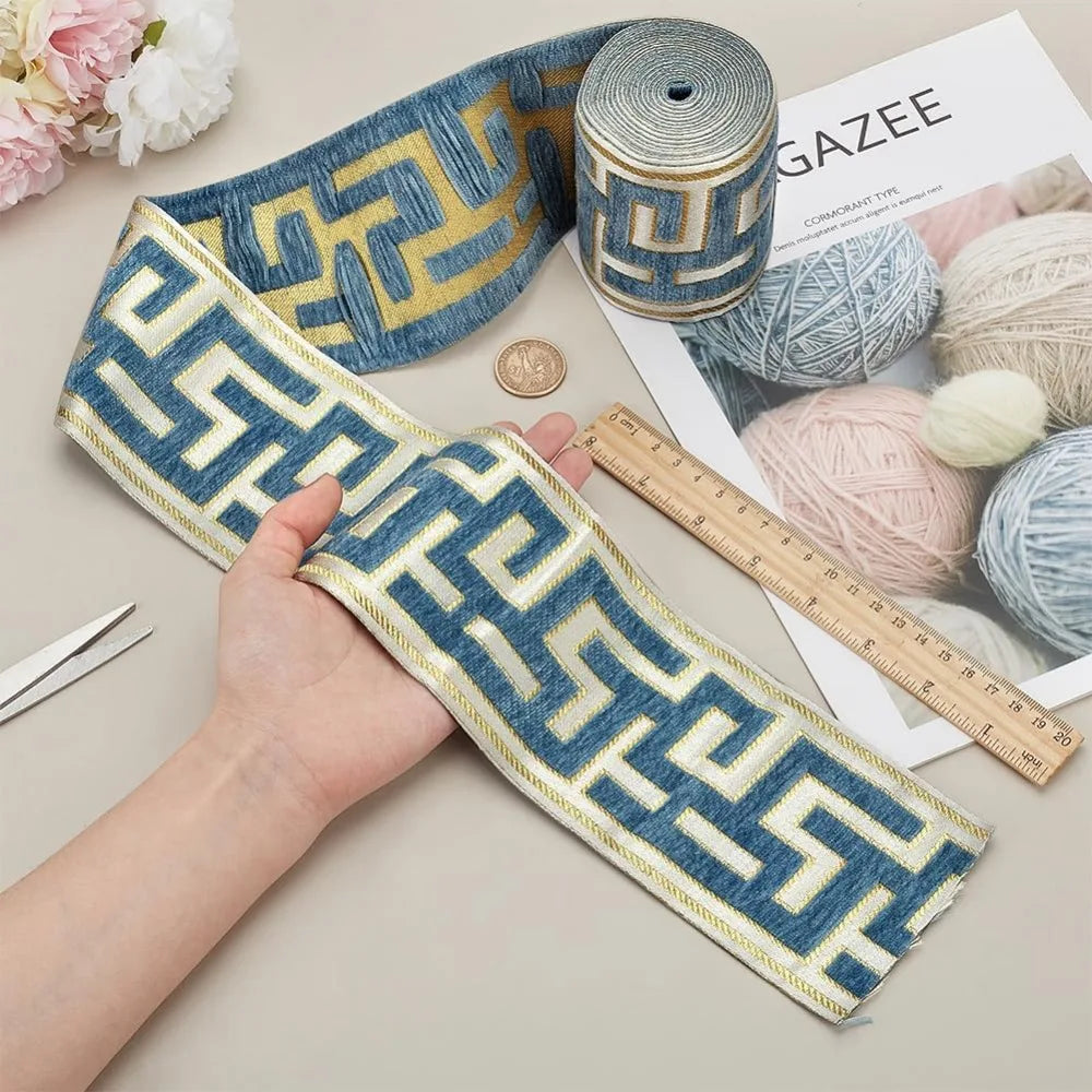 3M Steel Blue Jacquard Chenille Ribbon Trim 3.5 inch Wide