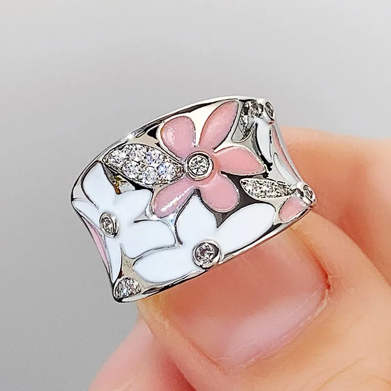 Huitan Enamel Flower Ring for Women | CZ Floral Fashion Ring
