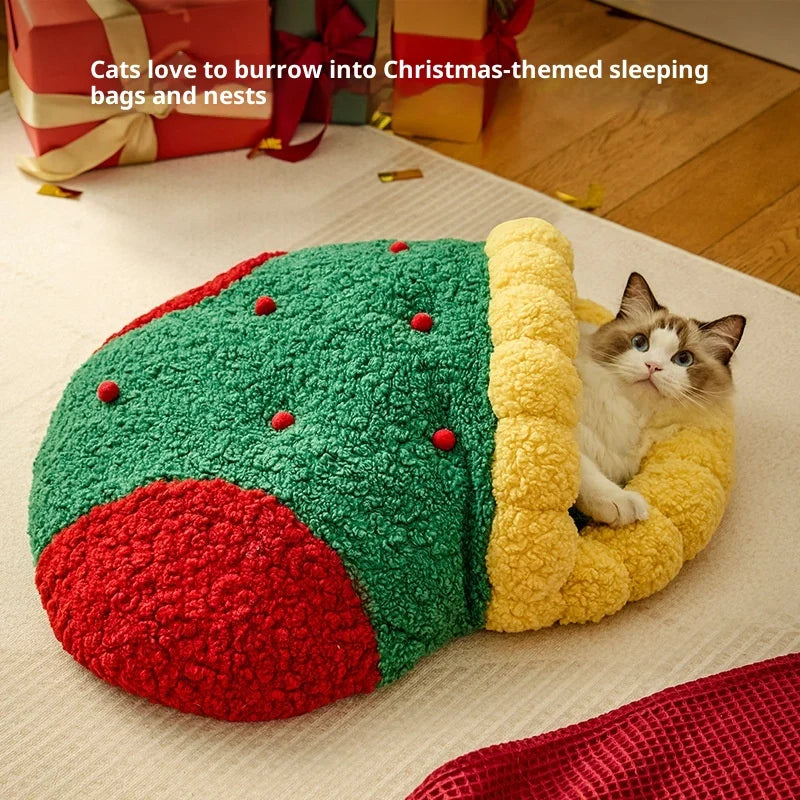 Autumn Winter Warm Cat Bed Deep Sleep Semi-enclosed Dog Christmas
