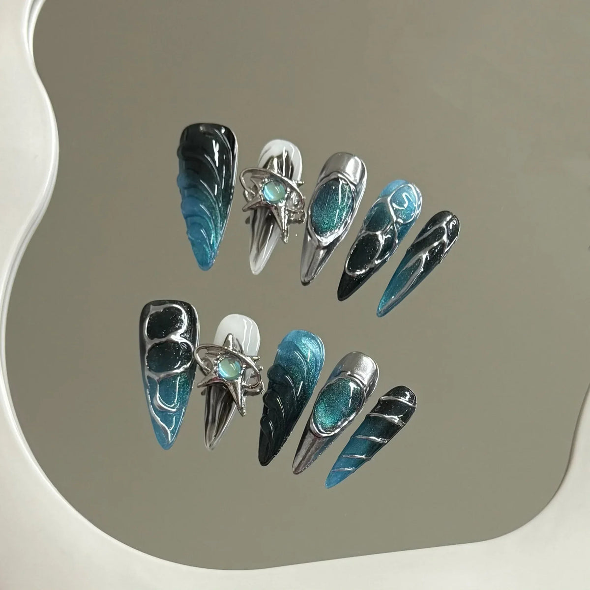 Gothic Punk Press On Nails Dark Blue Silver | 10pcs Set