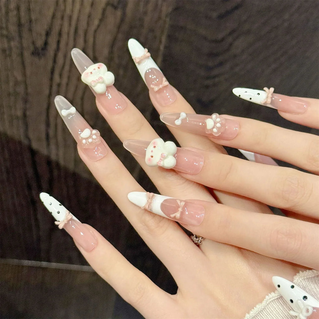 3D Pink Rabbit Press On Nails | Almond Gradient Korean Style
