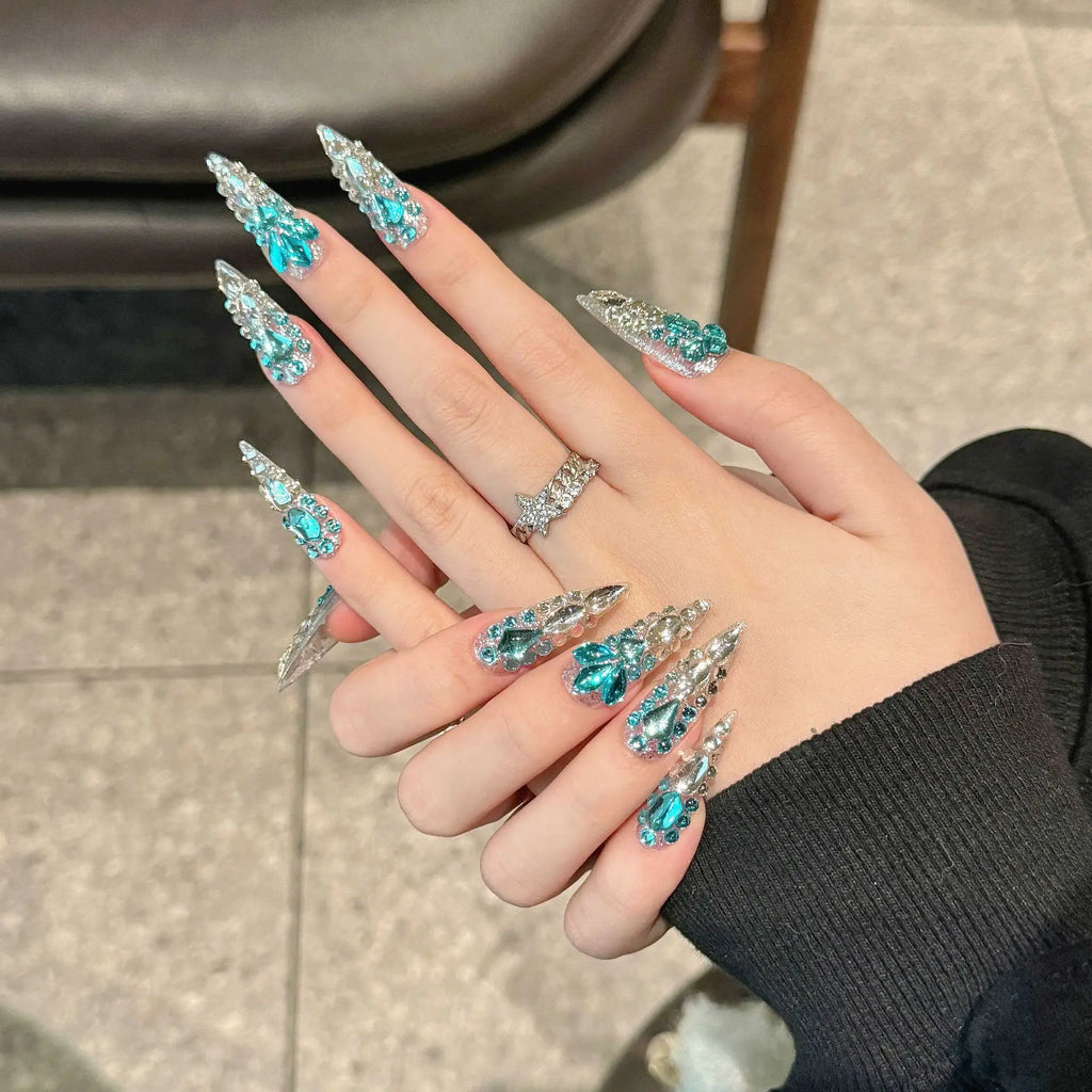 10pcs Rhinestone Press On Nails – Long Stiletto French False Nails