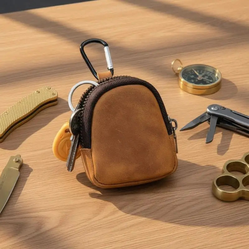 PU Leather Mini Coin Purse with Zipper & Carabiner Keychain