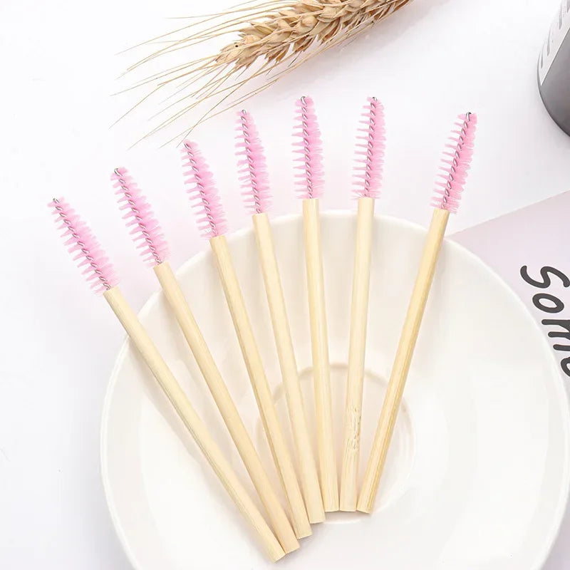 50pcs Disposable Mascara Wands & Eyebrow Brushes | Bamboo Handle