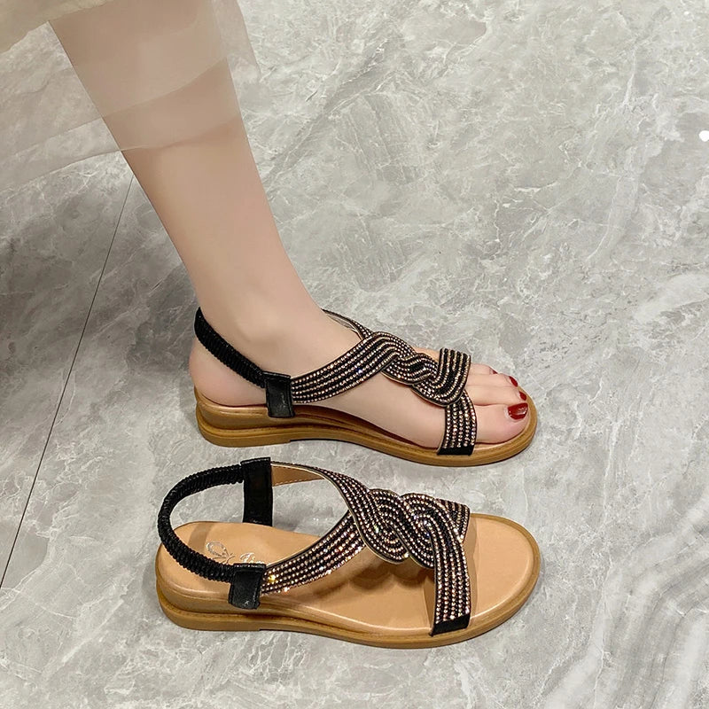 Women's Flat Sandals – Diamond Slip-On Round Toe, Sizes 35–42