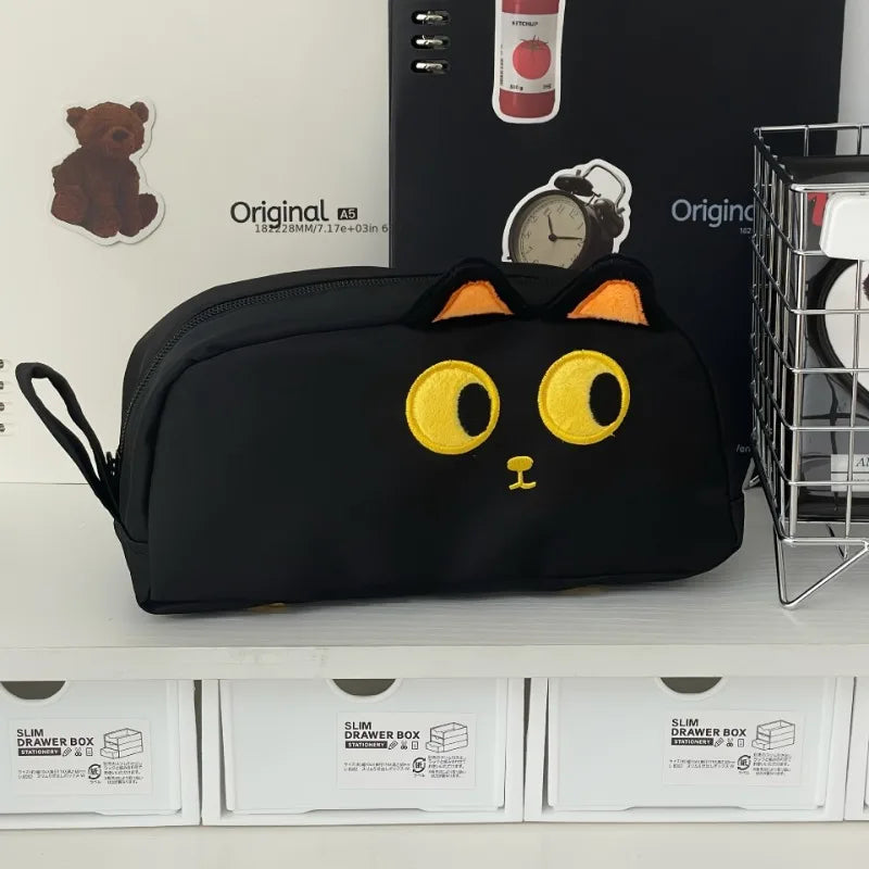 Cute 3D Black Cat Pencil Bag Large Capacity Polyester Pouch Paw