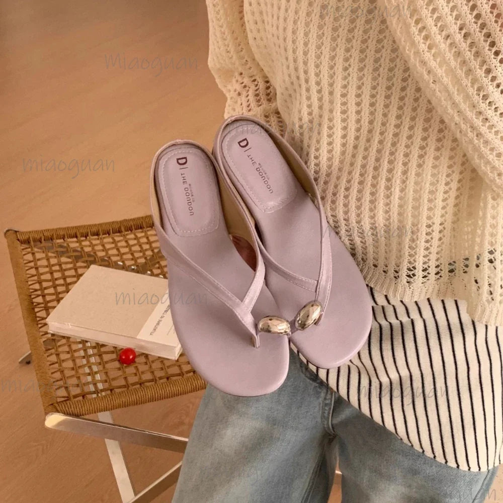 Women's Low Heel Metal Toe Slide Sandals | Summer Beach Shoes