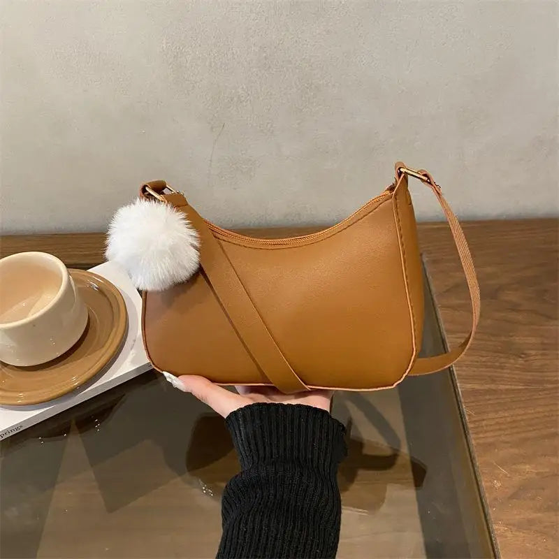 Women's PU Leather Hobo Shoulder Bag with Pom-Pom Charm