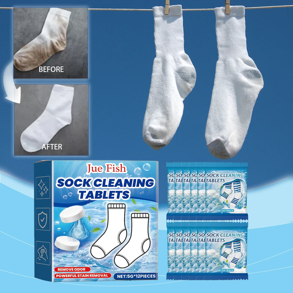 Jue-Fish Sock Cleaning Effervescent Tablets – 12 Pack