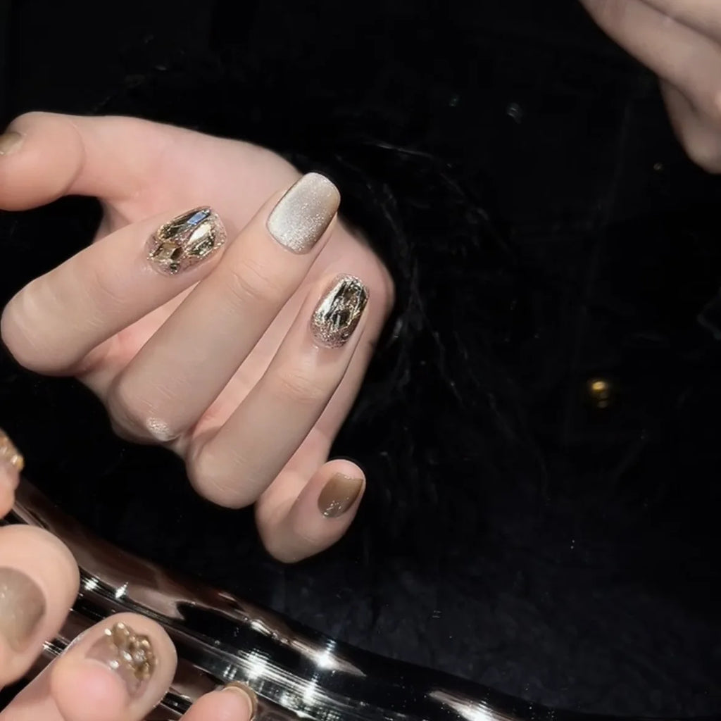 Korean Cat Eye Press-On Nails | Champagne Crystal Short Set