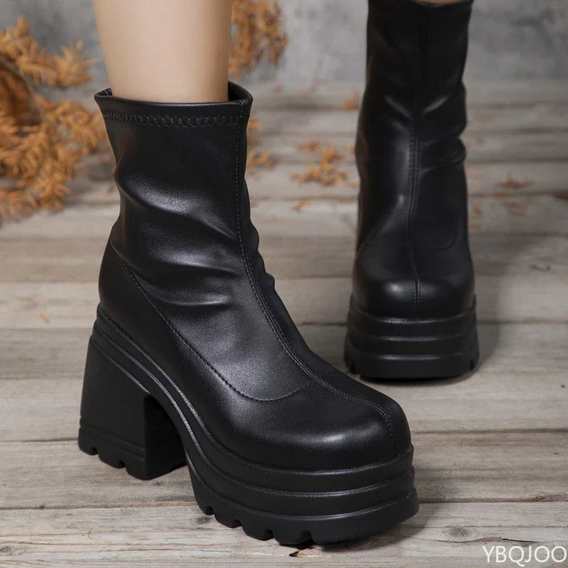Women's Platform Block Heel Mid-Calf Boots – Zip, Large Size