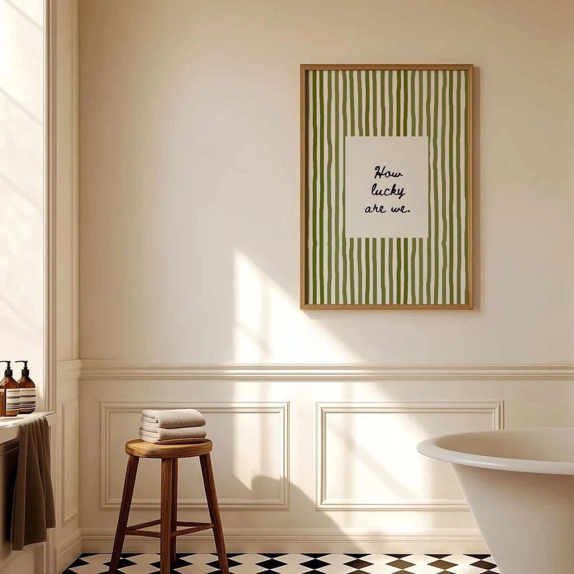 "How Lucky Are We" Olive Green Striped Canvas Wall Art Print