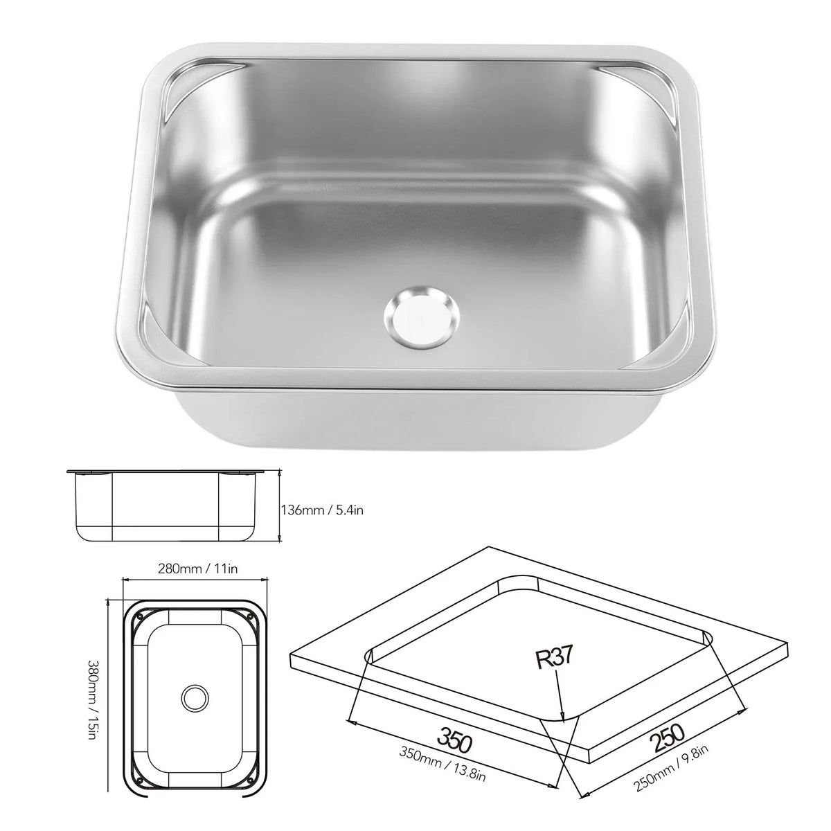RV Sink Square 345x245x136mm 304 Stainless Steel Flush Mounted Hand