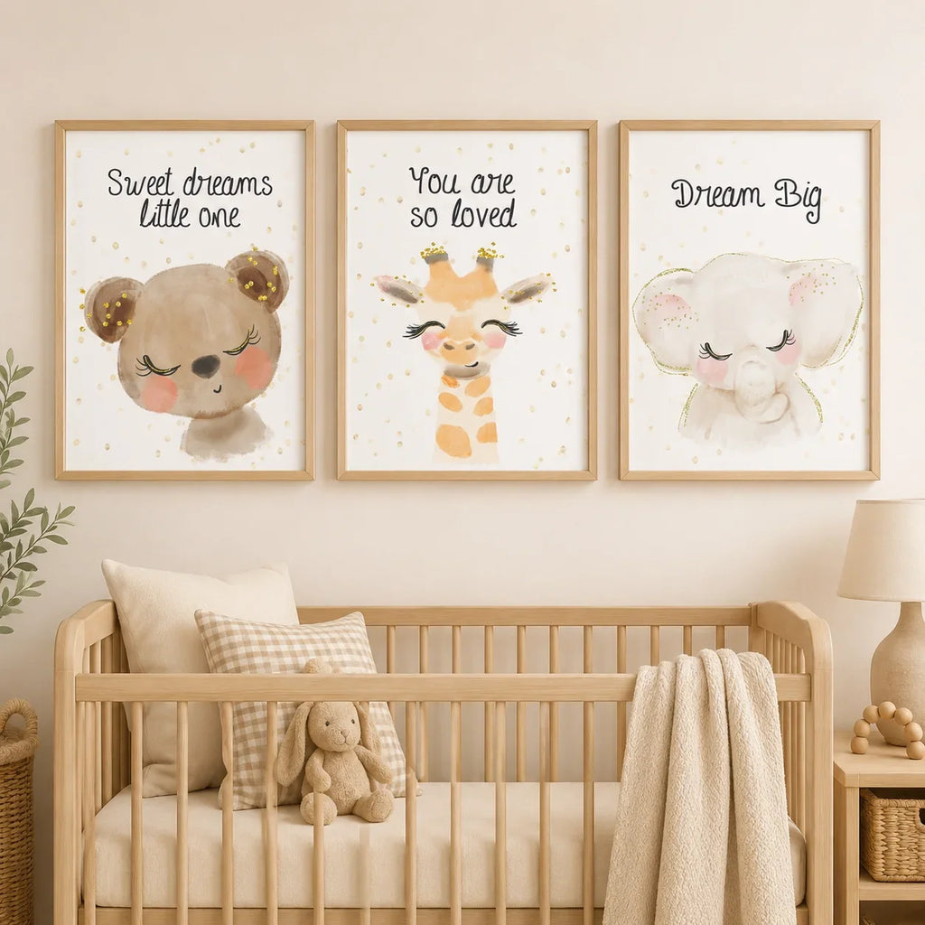 Nursery Animal Canvas Wall Art – Giraffe Bear Elephant Kids Print