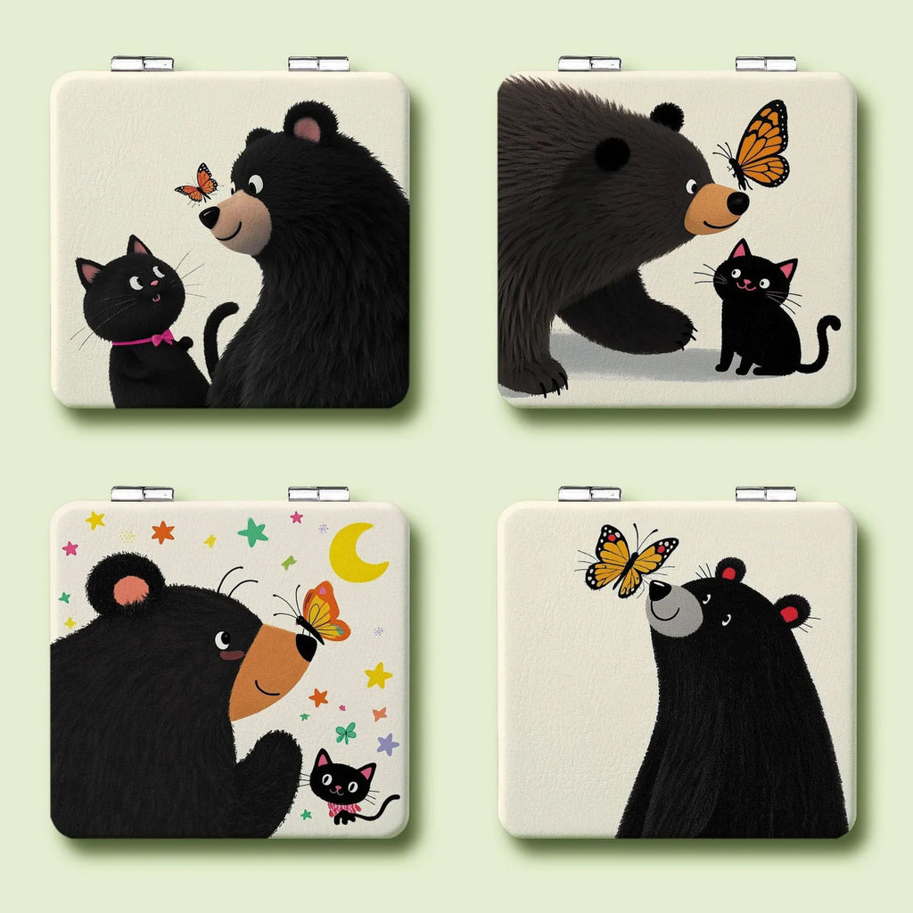Kitten & Bear Cartoon Folding Makeup Mirror – Double Sided