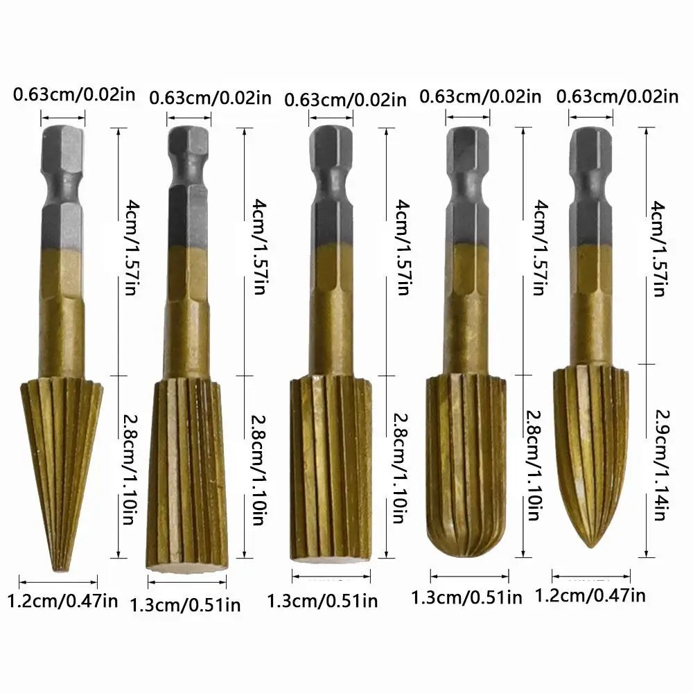 6.3mm HSS Rotary File Set – 5pc Hex Handle Rotary Rasp Cutter