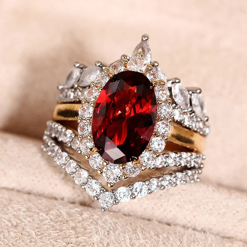 Huitan 3-Piece Red CZ Bridal Ring Set for Women | Wedding Jewelry