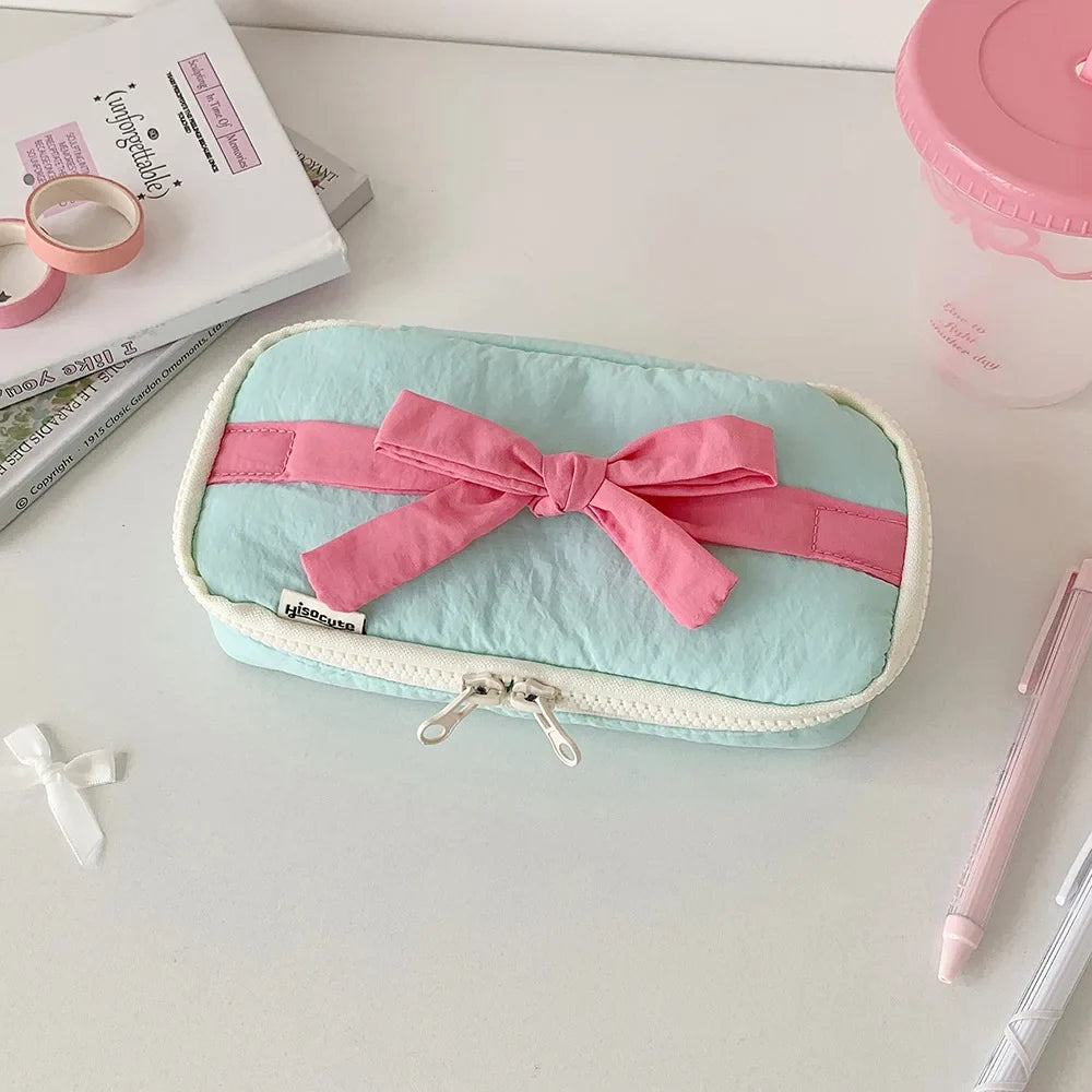 Bow Pencil Case – Cute Soft Fabric Student Stationery Bag