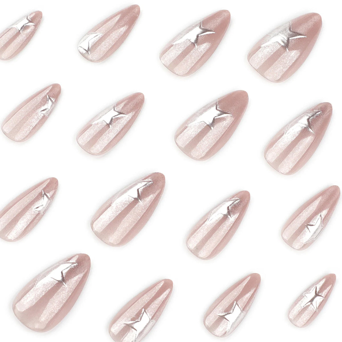 24pcs Y2K 3D Silver Star Press On Nails | Cat Eye Almond Glitter