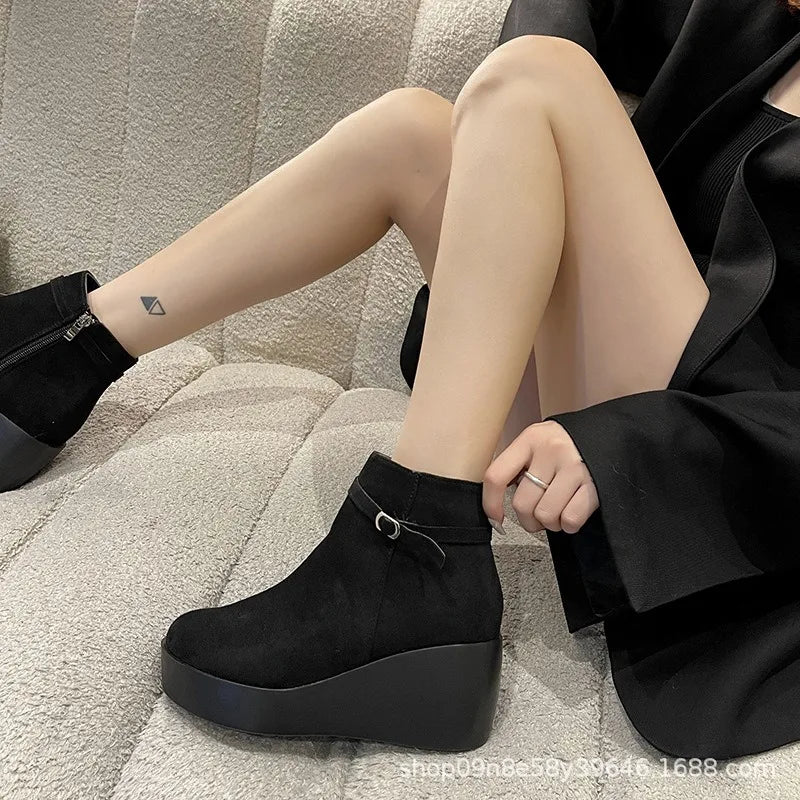 Women's Faux Suede Wedge Platform Ankle Boots Hidden Heel