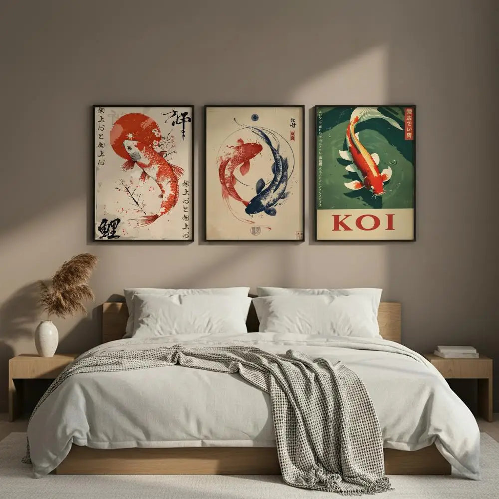 Japanese Koi Fish Flowers HD Art Poster – Self-Adhesive Wall Decor