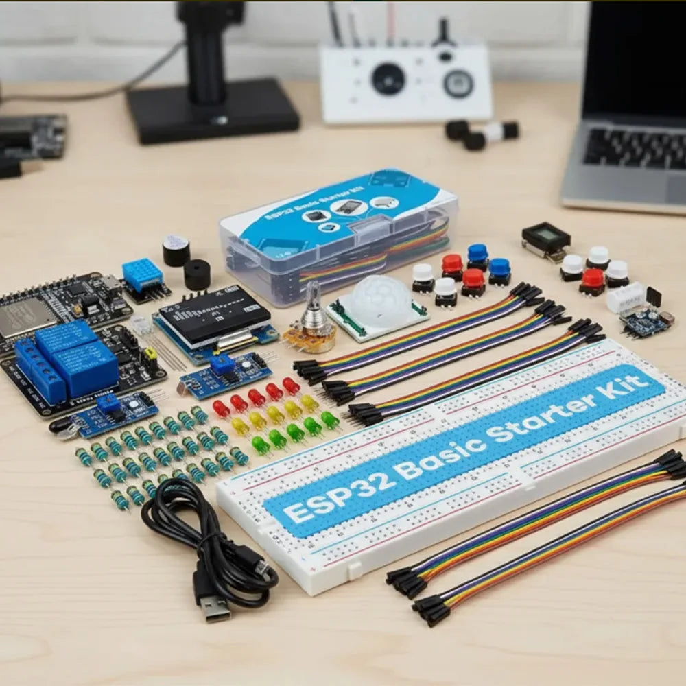 ESP32 WiFi Starter Kit – OLED, Relay, Sensors & Breadboard