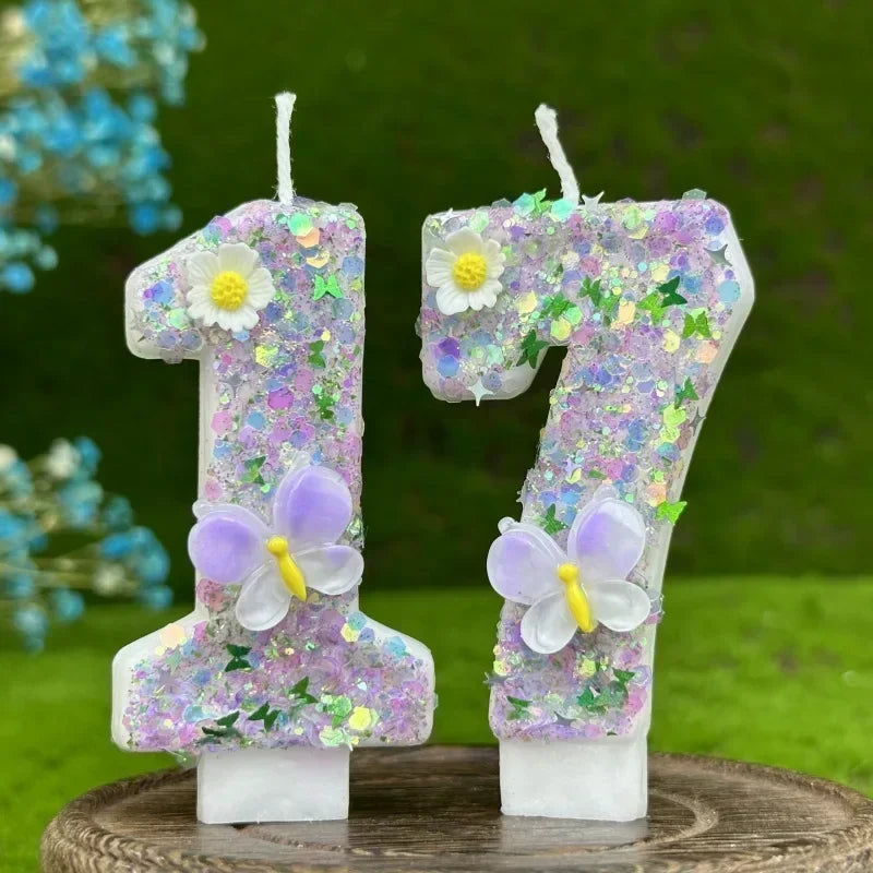 2025 0-9 Digits DIY Birthday Candles Butterfly Flowers Children's