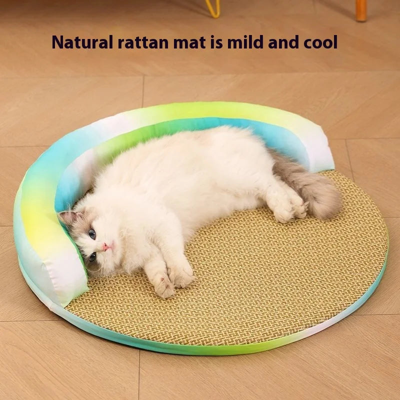 Summer Cooling Pet Bed Detachable Rattan Mat Ice Silk Cat Dog All