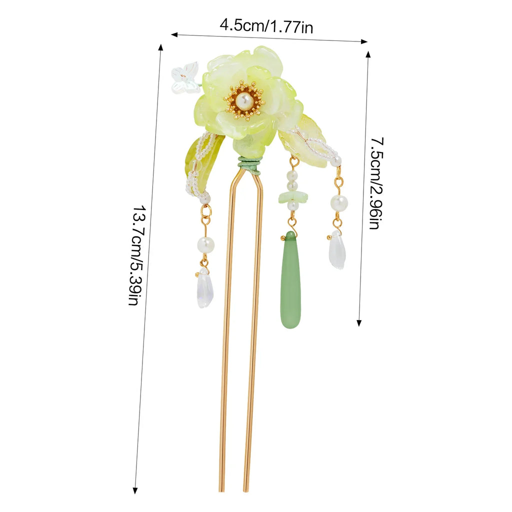 Green Hanfu Hairpin | Alloy Tassel Floral Hair Stick