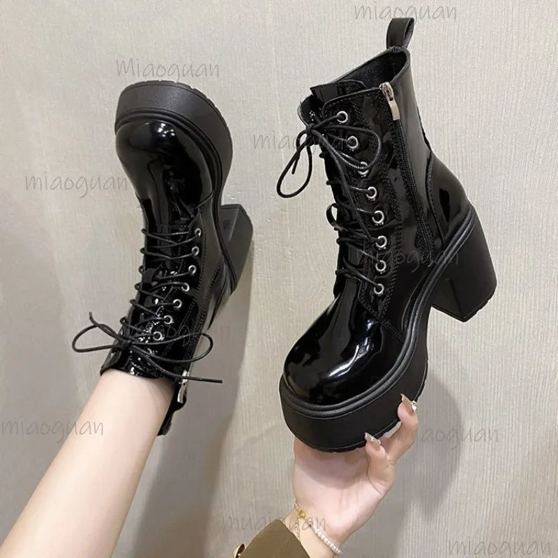 Women's Waterproof Platform Lace-Up Ankle Boots 9cm Heel
